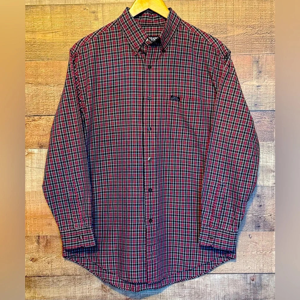 🌻 Chaps Red Black Plaid Long Sleeve Button Down sz Medium Classic Preppy Casual
